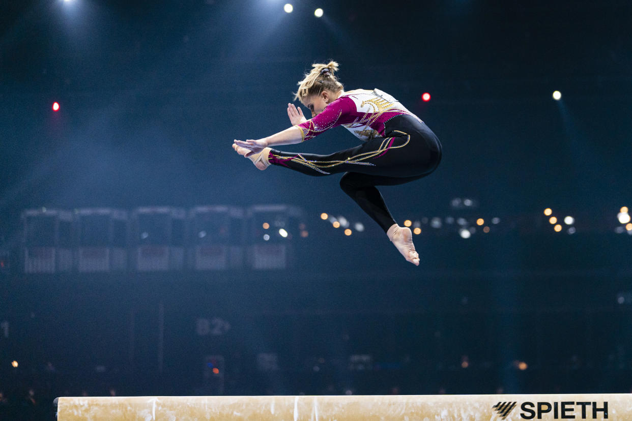 BASEL, SWITZERLAND - APRIL 23: Elisabeth Seitz of Germany competes on the beam during the Women's Artistic Gymnastics Finals at St. Jakobshalle on April 23, 2021 in Basel, Switzerland. (Photo by Eurasia Sport Images/Getty Images)