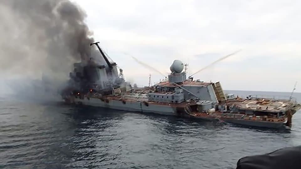 Images emerged early Monday, April 18 2022, on social media showing Russia's guided-missile cruiser, the Moskva, badly damaged and on fire. - Social Media
