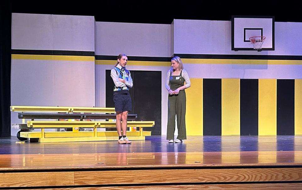 Granville High School sophomore Max Holtsberry, left, and junior Chloe Thatcher, right, rehearse a scene from "The 25th Annual Putnam County Spelling Bee" on April 27. Granville High School’s Theater Department is performing the show on May 3-4 at 7 p.m.