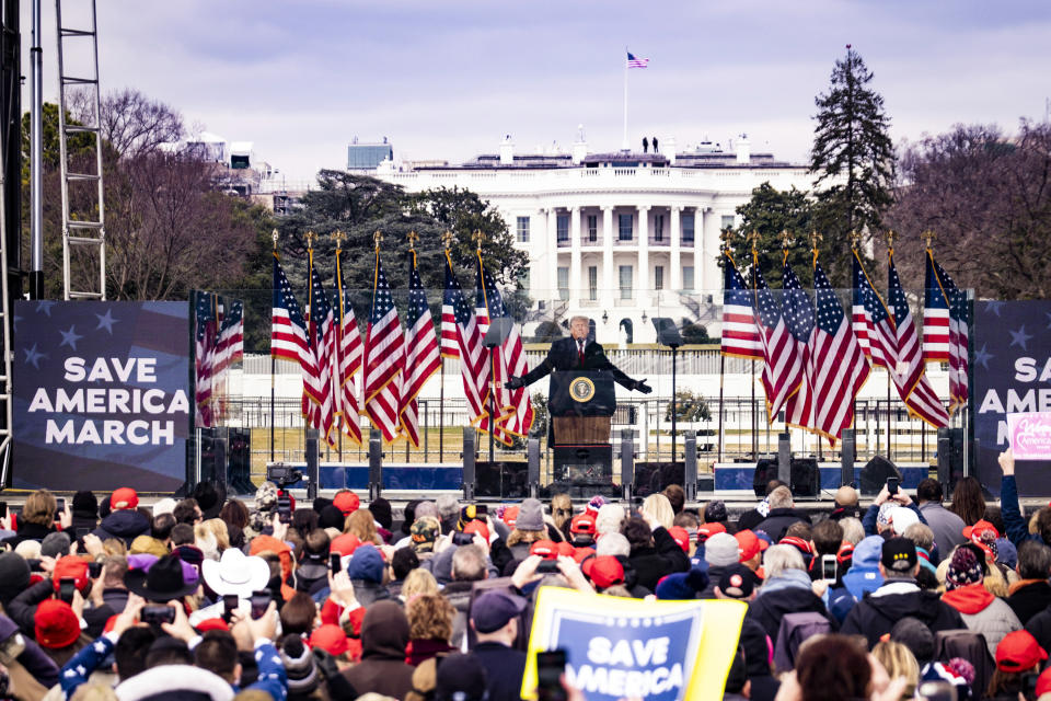 El presidente Donald Trump habla durante un mitin frente a la Casa Blanca el miércoles 6 de enero de 2021, antes del ataque al Capitolio. (Pete Marovich/The New York Times).