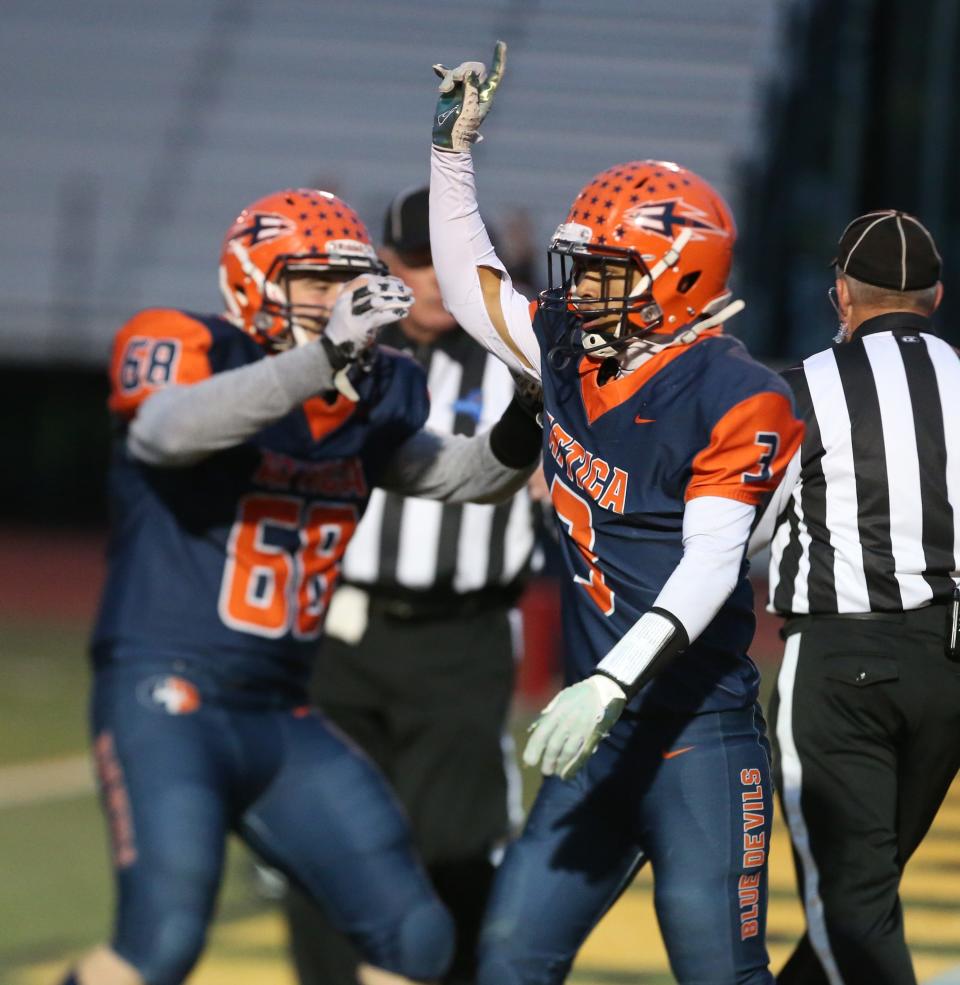 Attica running back Landyn Thomas (3) celebrates his second touchdown of the game during their Section V football Class C championship game Saturday, Nov. 12, 2022 at SUNY Brockport.