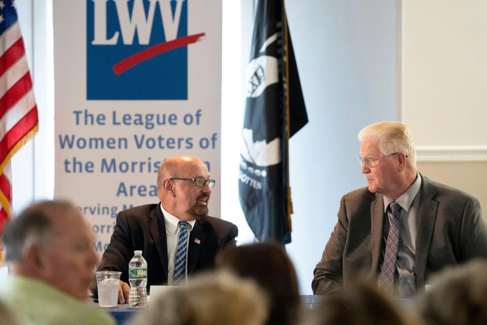 Sep 20, 2023; Dover, NJ, USA; (Left) James Dodd and Dennis Touhey during the Dover mayoral candidate forum at the Dover Moose Lodge. Mandatory Credit: Michael Karas-Daily Record