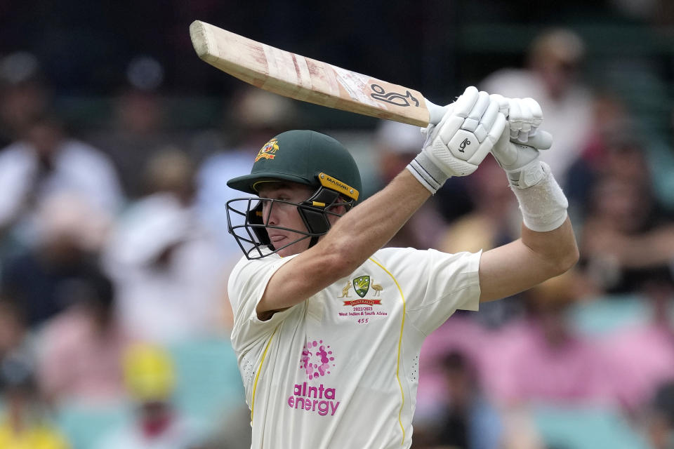 Australia's Marnus Labuschagne bats against South Africa during the first day of their cricket test match at the Sydney Cricket Ground in Sydney, Wednesday, Jan. 4, 2023. (AP Photo/Rick Rycroft)