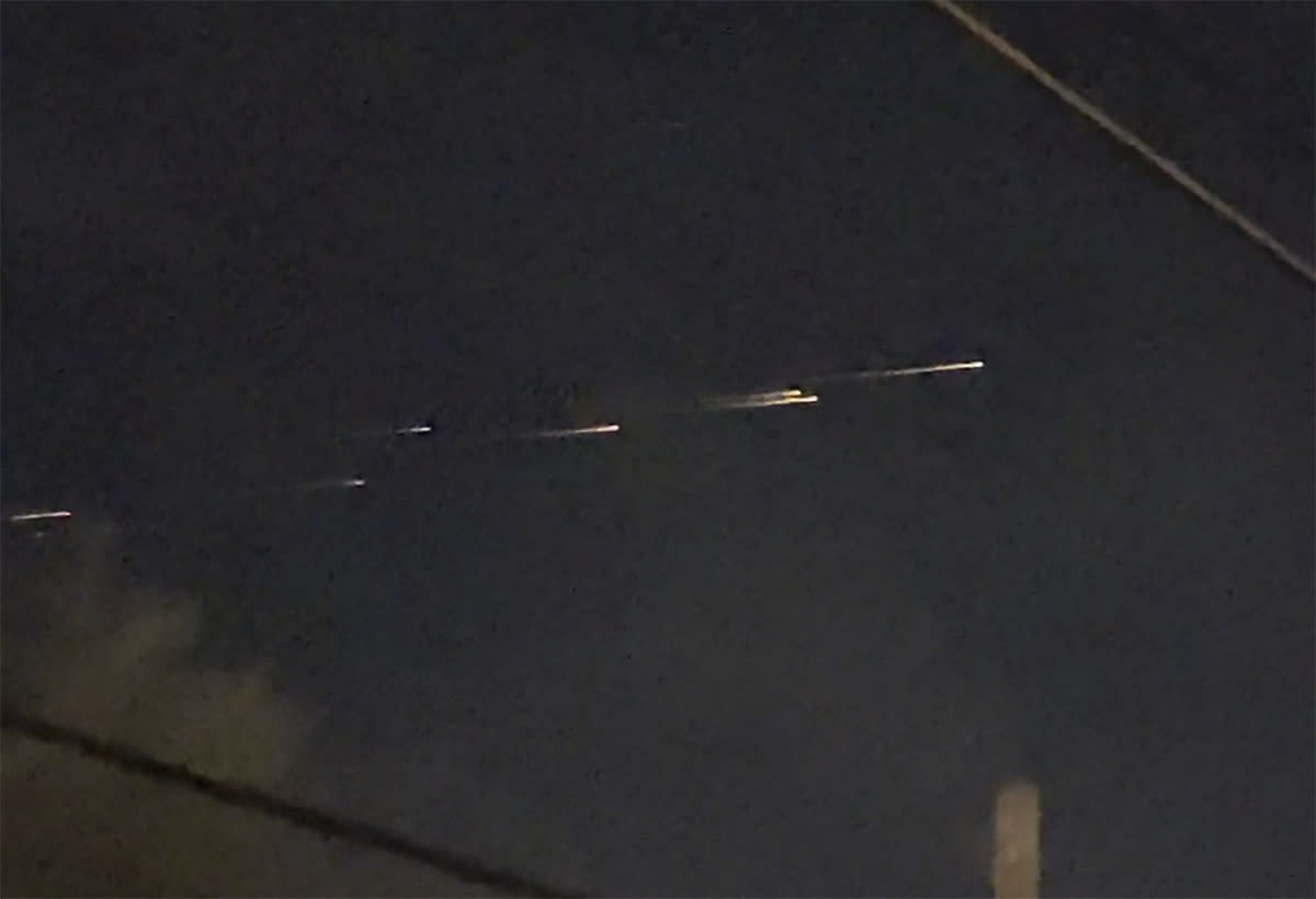 This image from video provided by Jaime Hernandez shows streaks of light travelling across the sky over the Sacramento, Calif., area on Friday night, March 17, 2023. “Mainly, we were in shock, but amazed that we got to witness it,” Hernandez said. “None of us had ever seen anything like it.” (Jaime Hernandez via AP)