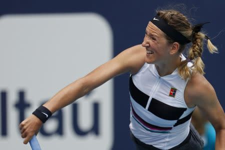 Mar 20, 2019; Miami Gardens, FL, USA; Victoria Azarenka of Belarus serves against Dominika Cibulkova of Slovakia (not pictured) in the first round of the Miami Open at Miami Open Tennis Complex. Geoff Burke