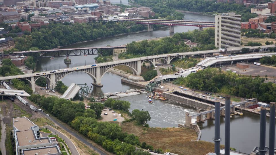 An aerial view shows the collapsed I-35W bridge on August 4, 2007, in Minneapolis, Minnesota - Mandel Ngan/AFP/Getty Images