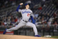 Los Angeles Dodgers starting pitcher Walker Buehler throws during the third inning of a baseball game against the Washington Nationals, Tuesday, May 24, 2022, in Washington. (AP Photo/Nick Wass)