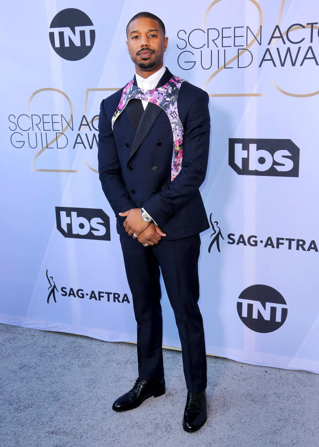 Michael B. Jordan looks handsome in bright red double-breasted