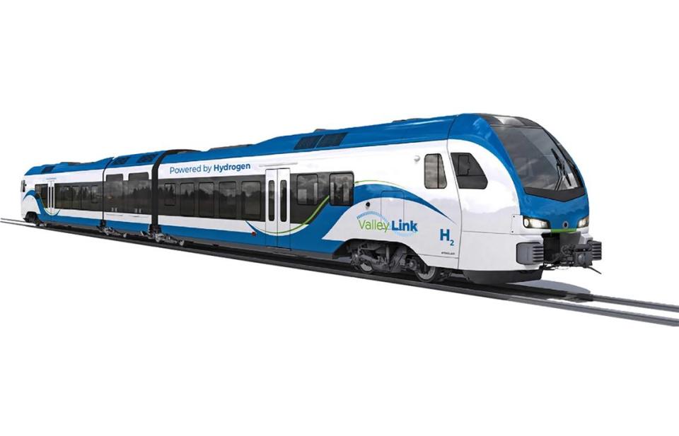 A rendering shows the possible design for the Valley Link trains between Lathrop and Dublin BART. The planners propose using hydrogen rather than diesel to reduce carbon emissions.
