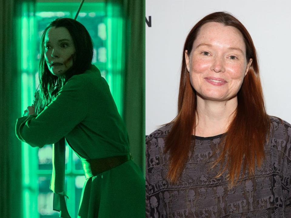 A side-by-side image of Samantha Sloyan as Tamerlane Usher on Netflix's "The Fall of the House of Usher," and in 2022. 