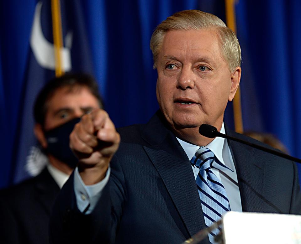 U. S. Sen. Lindsey Graham speaks to a cheering crowd of supporters on election night.
