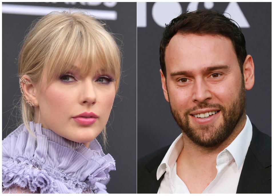 Taylor Swift at the Billboard Music Awards at the MGM Grand Garden Arena in Las Vegas on May 1, 2019, left, and Scooter Braun at the 2019 MOCA benefit in Los Angeles on May 18, 2019.