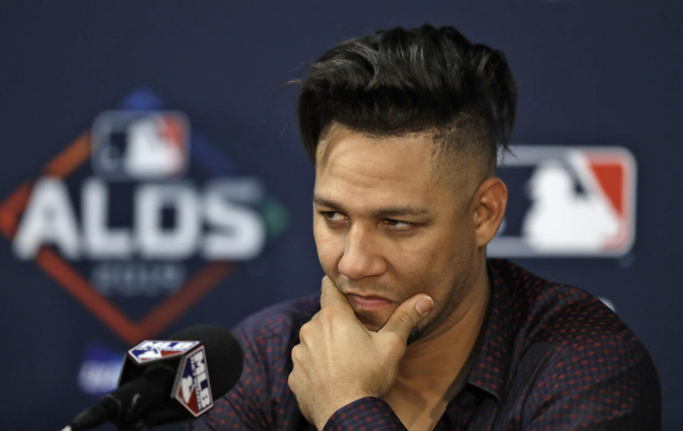 Houston Astros first baseman Yuli Gurriel answers a question during a news conference Sunday, Oct. 6, 2019, in St. Petersburg, Fla. The Astros take on the Tampa Bay Rays in Game 3 of a baseball American League Division Series on Monday. (AP Photo/Chris O'Meara)