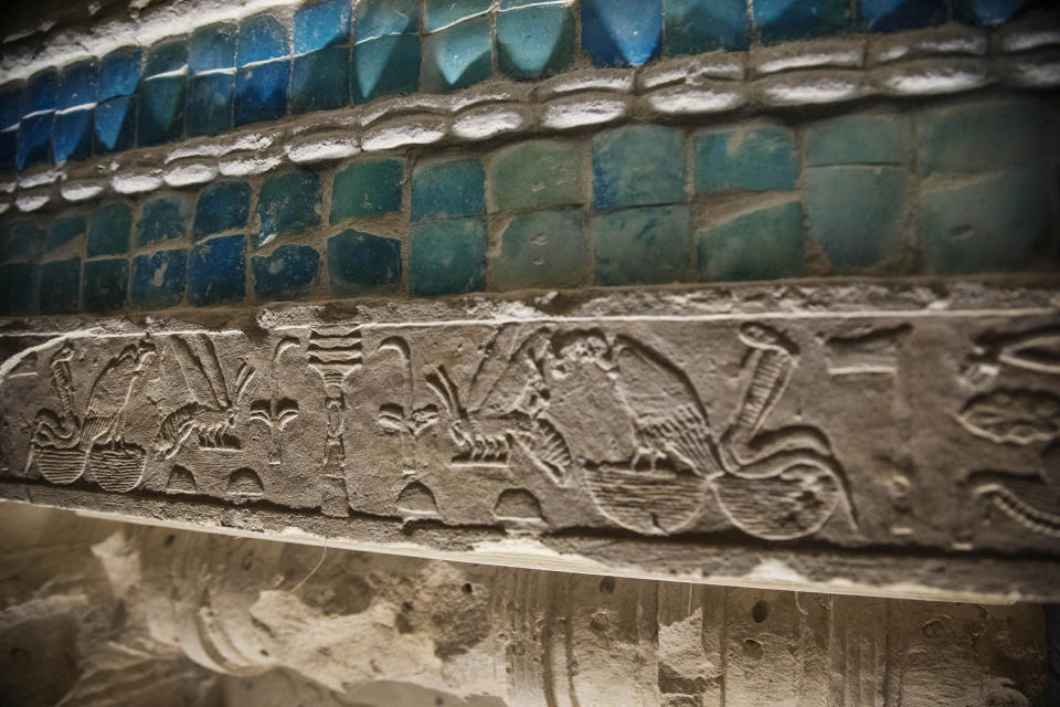 Inscriptions and details adorn the wall of the southern cemetery of King Djoser, after its restoration, near the famed Step Pyramid, in Saqqara, south of Cairo, Egypt, Tuesday, Sept. 14, 2021. (AP Photo/Nariman El-Mofty)