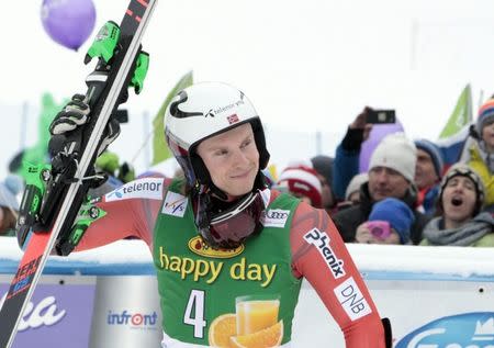 Alpine Skiing - FIS Alpine Skiing World Cup - Men's Giant Slalom - Kranjska Gora, Slovenia - March 3, 2018 - Henrik Kristoffersen of Norway reacts after the 2nd run. REUTERS/Borut Zivulovic