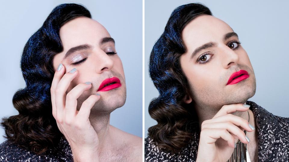 Model Jacob Tobia wears Fluide's Liquid Lipstick in Babetown