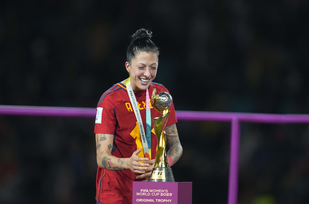 SYDNEY, AUSTRALIA - AUGUST 20: Jennifer Hermoso of Spain with the the World Cup trophy after the FIFA Women's World Cup Australia & New Zealand 2023 Final match between Spain and England at Stadium Australia on August 20, 2023 in Sydney, Australia. (Photo by Ulrik Pedersen/DeFodi Images via Getty Images)