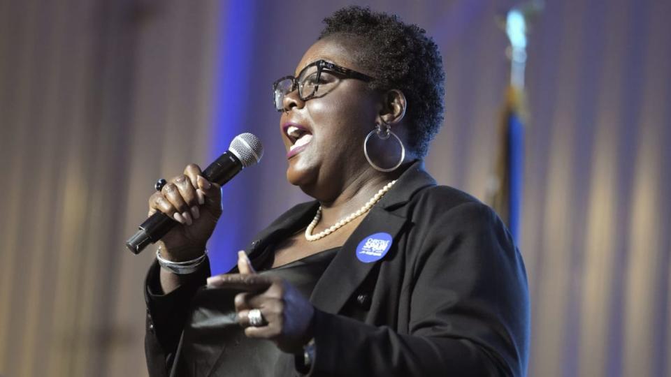 Christale Spain gives her speech as a candidate for chair of the South Democratic Party during the party’s convention on April 29, 2023 in Columbia, South Carolina. Spain was elected as the first Black woman to lead the state party. (AP Photo/Meg Kinnard)