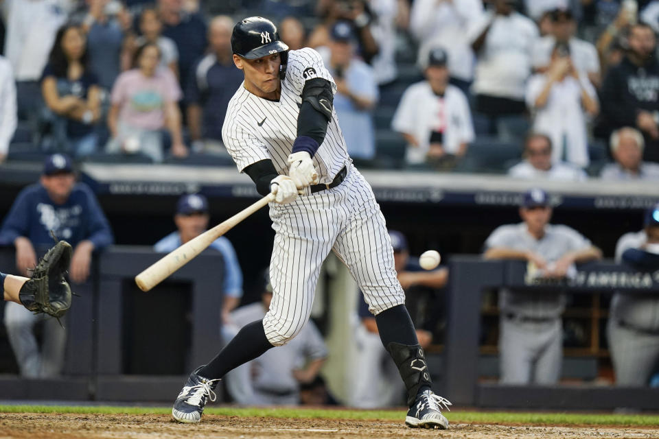 New York Yankees' Aaron Judge hits a game winning RBI single during the ninth inning of a baseball game against the Tampa Bay Rays Sunday, Oct. 3, 2021, in New York. The Yankees won 1-0. (AP Photo/Frank Franklin II)