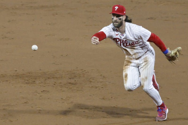 Philadelphia Phillies first baseman Bryce Harper homered in the first, fourth and seventh innings of a win over the Cincinnati Reds on Tuesday in Philadelphia. File Photo by Laurence Kesterson/UPI