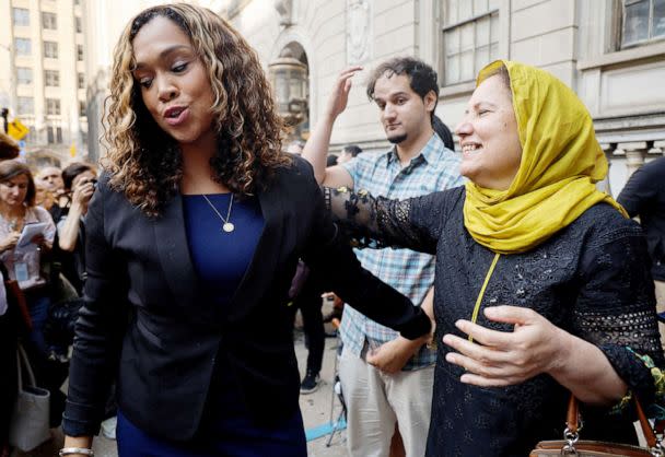 PHOTO: State's Attorney for Baltimore Marilyn Mosby is embraced by Shamim Syed after a judge overturned the 2000 murder conviction of her son, Adnan Syed in Baltimore, Sept. 19, 2022.  (Jonathan Ernst/Reuters)