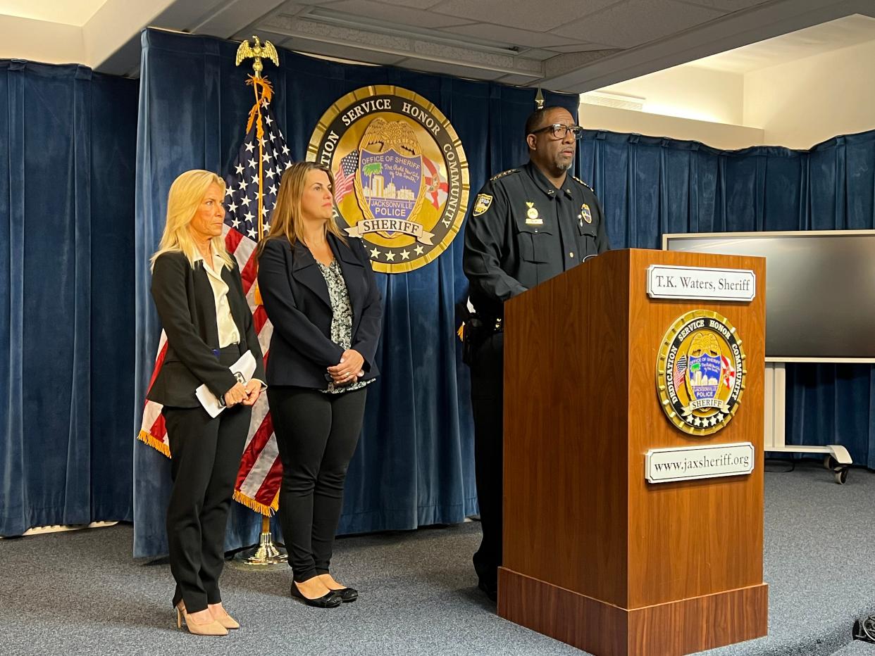 Sheriff T.K. Waters (far right) held a press conference with Mayor Donna Deegan (far left) to announce the cancelation of the Duval County Jail healthcare provider, Armor Correctional Health Services, contract on July 25, 2023.