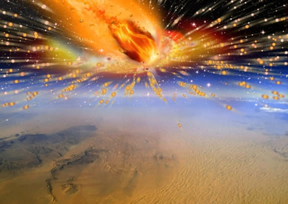 An artist’s rendition of the comet exploding in Earth’s atmosphere above Egypt 28 million years ago.