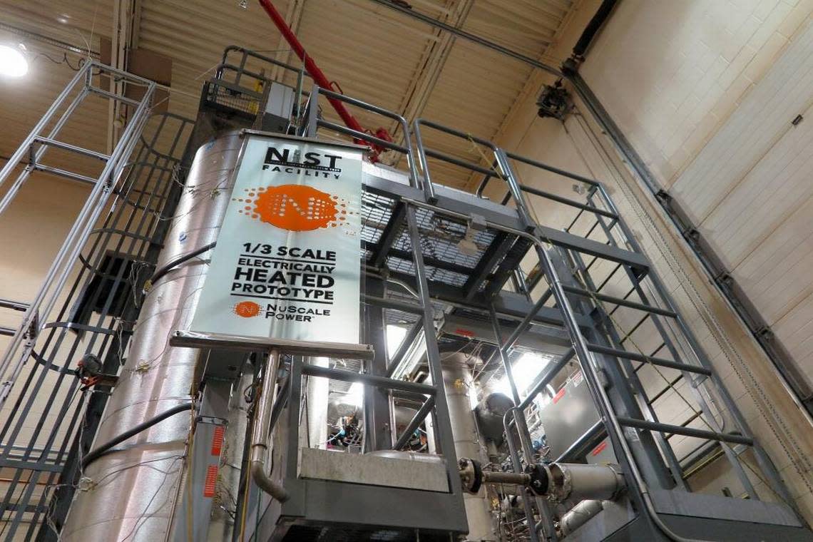 A one-third-scale model Of NuScale Power’s 50-megawatt reactor is perched in a birdcage of steel girders in a nuclear test facility at Oregon State University.