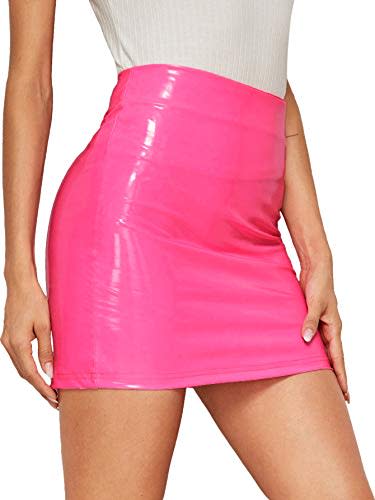 MakeMeChic Women's Neon Zip Back Leather Y2K Skirt PU Bodycon Short Mini Skirt A1 Pink Medium