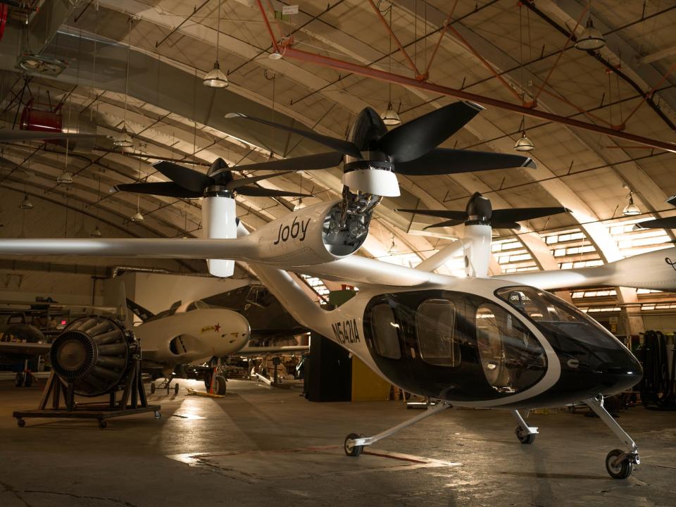 Joby’s electric vertical take-off and landing (eVTOL) aircraft, recently delivered to Edwards Air Force Base.