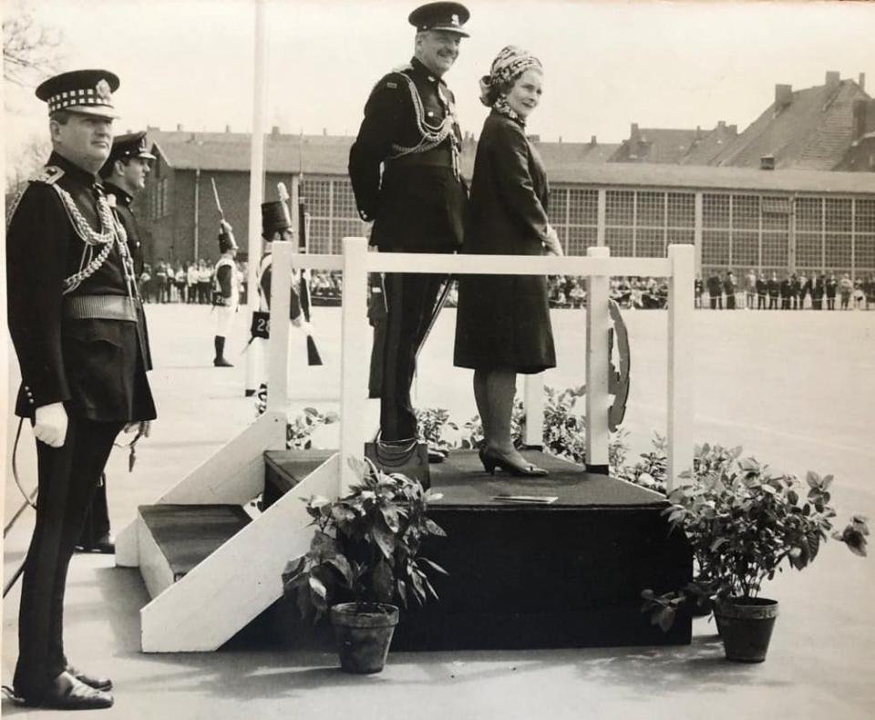 Bland with Princess Alice, Duchess of Gloucester, in Berlin, 1968, inspecting the Glosters