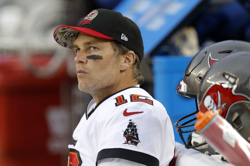 Tampa Bay Buccaneers quarterback Tom Brady sits on the bench during the second half of an NFL football game against the San Francisco 49ers in Santa Clara, Calif., Sunday, Dec. 11, 2022. (AP Photo/Jed Jacobsohn)