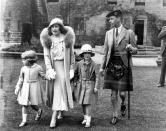 <p>The Duke and Duchess of York accompany Princesses Elizabeth and niece Diana, at Glamis Castle in Angus, Scotland, for the Golden Wedding celebrations of the Earl and Countess of Strathmore, the Duchess's parents.</p>