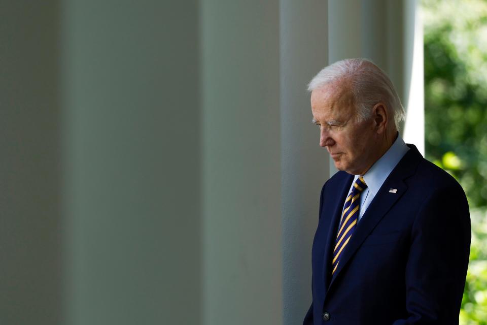President Joe Biden, seen here arriving at an event Thursday at the White House Rose Garden, has faced resistance from Republicans in Congress on efforts to ban assault weapons and pass universal gun background checks.