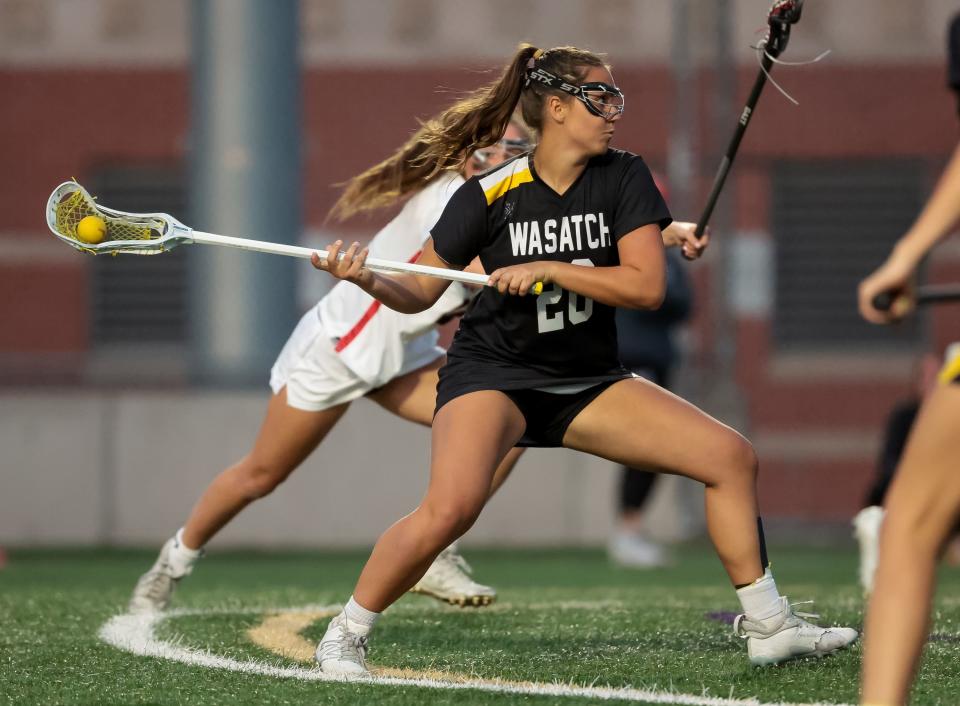 Wasatch’s Grace Erker scores in a 5A girls lacrosse semifinal game against Park City at Westminster College in Salt Lake City on Tuesday, May 23, 2023. | Spenser Heaps, Deseret News