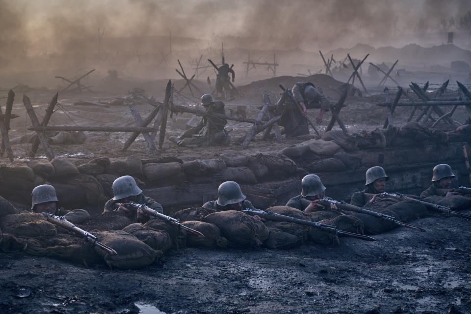 This image released by Netflix shows a scene from "All Quiet on the Western Front." (Netflix via AP)