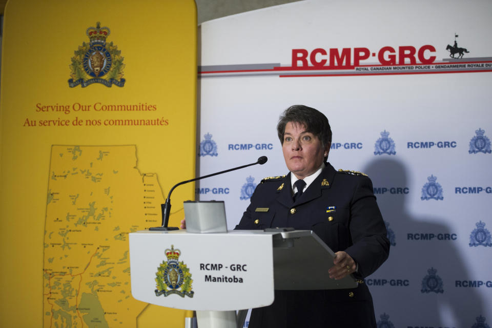 Royal Canadian Mounted Police Assistant Commissioner Jane MacLatchy speaks at a news conference in Winnipeg, Manitoba, Wednesday, Aug. 7, 2019. Canadian police said Wednesday they believe two fugitives suspected of killing a North Carolina woman and her Australian boyfriend as well as another man have been found dead in dense bush in northern Manitoba. (David Lipnowski/The Canadian Press via AP)