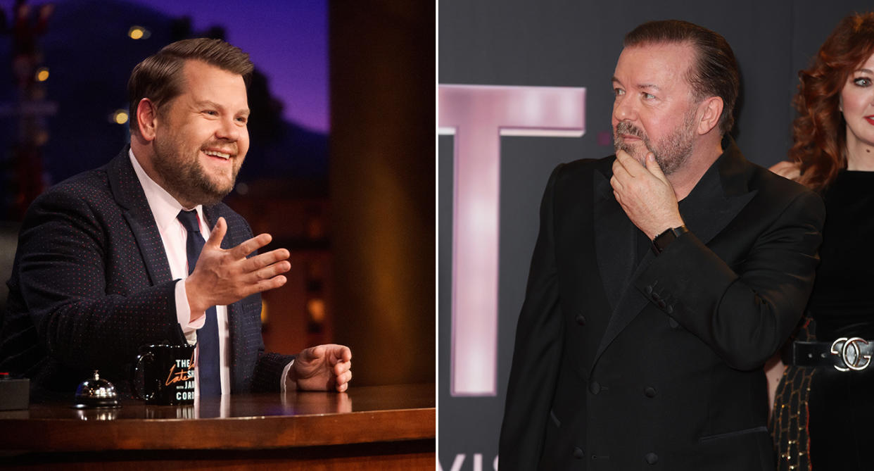 James Corden and <span class="caas-xray-inline-tooltip"><span class="caas-xray-inline caas-xray-entity caas-xray-pill rapid-nonanchor-lt" data-entity-id="Ricky_Gervais" data-ylk="cid:Ricky_Gervais;pos:1;elmt:wiki;sec:pill-inline-entity;elm:pill-inline-text;itc:1;cat:Actor;" tabindex="0" aria-haspopup="dialog"><a href="https://search.yahoo.com/search?p=Ricky%20Gervais" data-i13n="cid:Ricky_Gervais;pos:1;elmt:wiki;sec:pill-inline-entity;elm:pill-inline-text;itc:1;cat:Actor;" tabindex="-1" data-ylk="slk:Ricky Gervais;cid:Ricky_Gervais;pos:1;elmt:wiki;sec:pill-inline-entity;elm:pill-inline-text;itc:1;cat:Actor;" class="link ">Ricky Gervais</a></span></span> (CBS/Getty)