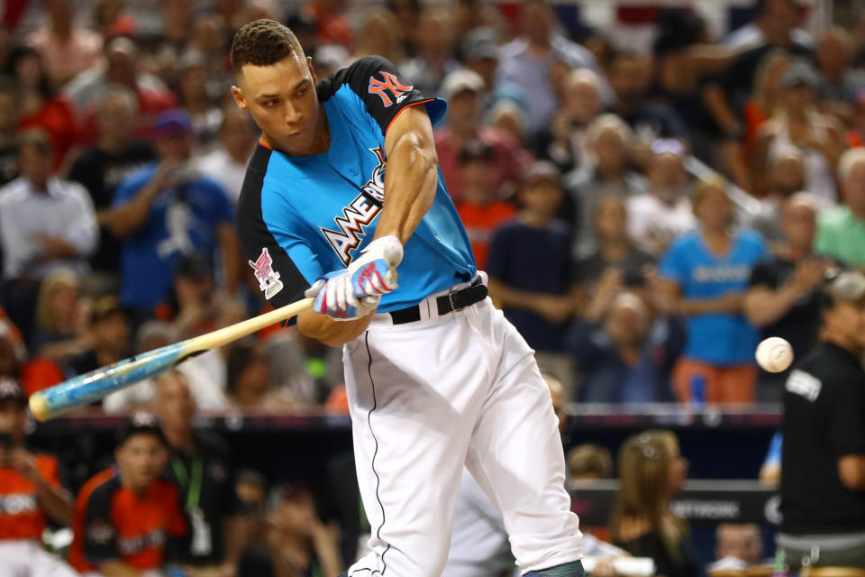 MIAMI, FL - JULY 10:  Aaron Judge #99 of the New York Yankees bats during the 2017 T-Mobile Home Run Derby at Marlins Park on Monday, July 10, 2017 in Miami, Florida. (Photo by Alex Trautwig/MLB via Getty Images) 