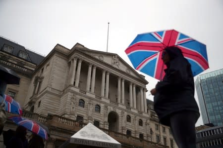 A pedestrian shelters under an umbrella in front of the Bank of England, in London