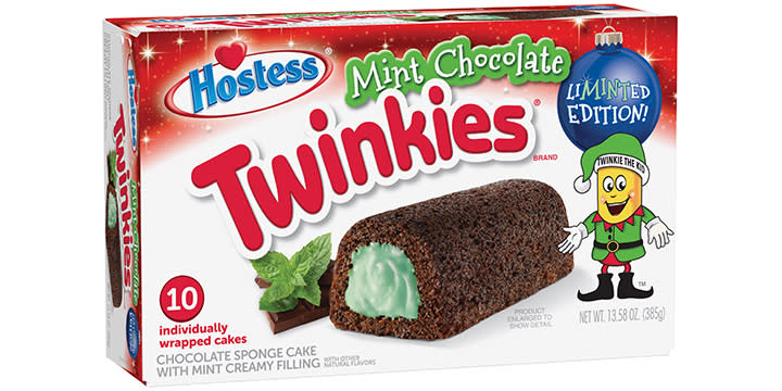 Mint-flavored seasonal food items are hitting shelves, starting with Hostess' mint chocolate Twinkies (Credit: Hostess) 