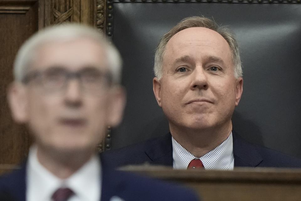 FILE - Speaker of the Assembly Robin Vos watches as Wisconsin Gov. Tony Evers speaks during the State of the State address, Jan. 24, 2023, in Madison, Wis. Republicans who control the Wisconsin Legislature unveiled a bill Wednesday, March 15, that would create rape and incest exceptions to the state's 1849 abortion ban and clarify when abortions that would be allowed to protect the health of the mother. (AP Photo/Morry Gash, file)