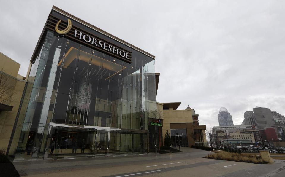 This Tuesday, Feb. 26, 2013, photo, in Cincinnati, shows Horseshoe Casino Cincinnati that is set to open to the public Monday evening, March 4. The 400,000 square foot facility was built on a 23-acre former surface parking lot in the city core. (AP Photo/Al Behrman)