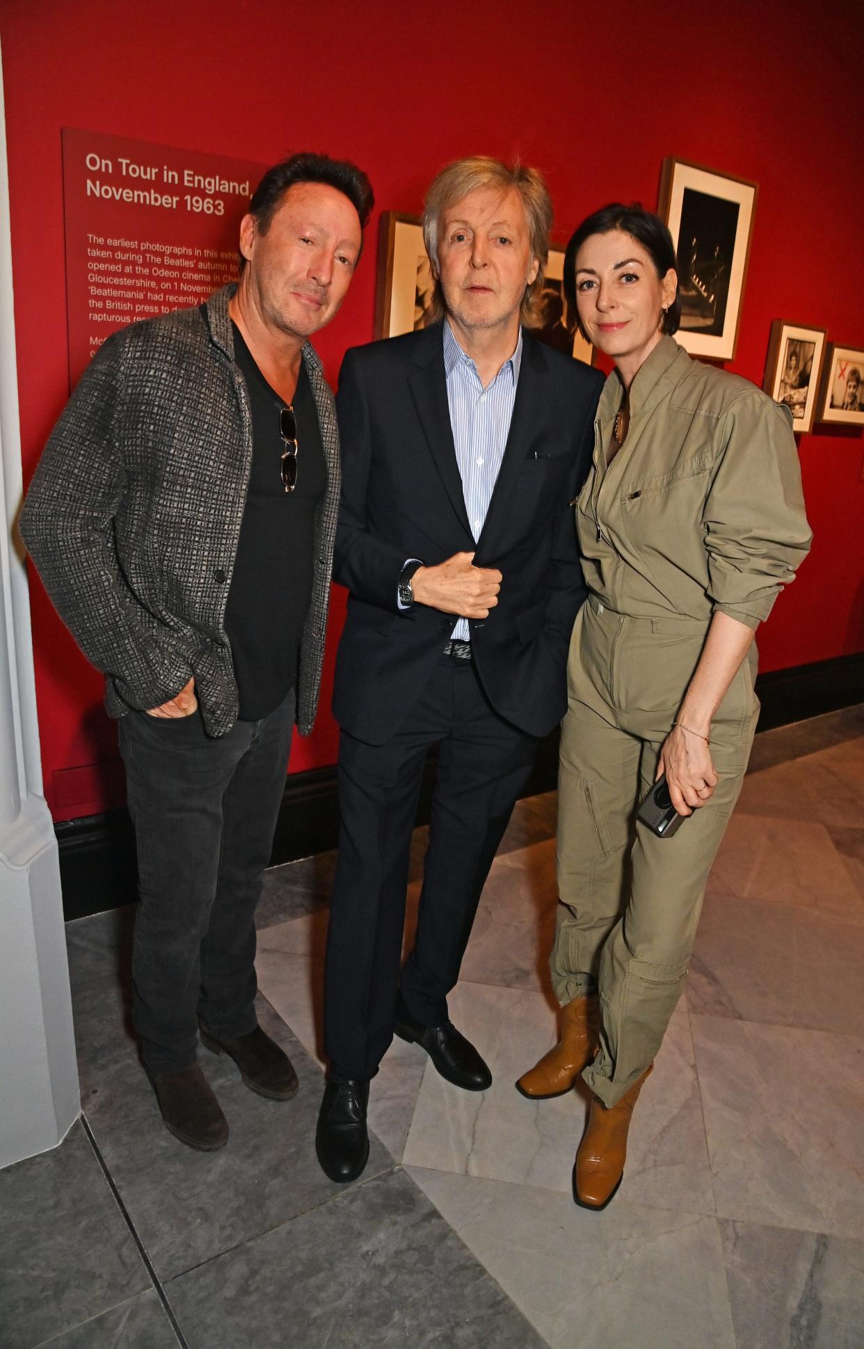 Julian Lennon, Sir Paul McCartney and Mary McCartney, left to right, attend the private view of 'Paul McCartney Photographs 1963-64: Eyes of the Storm" at the National Portrait Gallery on June 26, 2023 in London, England.