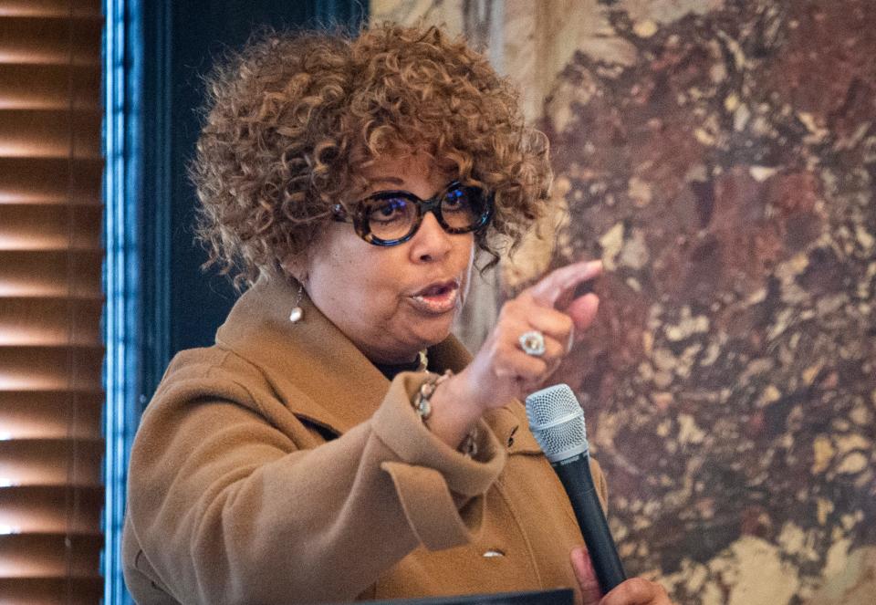 Sen. Barbara Blackmon, D-Canton, pictured, addresses questions to Sen.David Parker, R-Olive Branch, regarding a bill he authored to set up a regional governing board for the Jackson, Miss., water system at the Capitol in Jackson, Feb. 7, 2023.