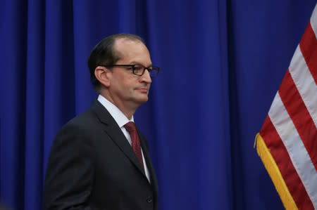 U.S. Labor Secretary Alexander Acosta holds news conference about his role in a 2008 plea deal with financier Epstein at the Labor Department in Washington