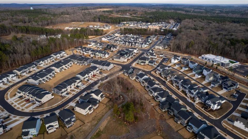 An aerial view of the Chatham Park subdivision in Pittsboro Thursday, Dec. 21, 2023.