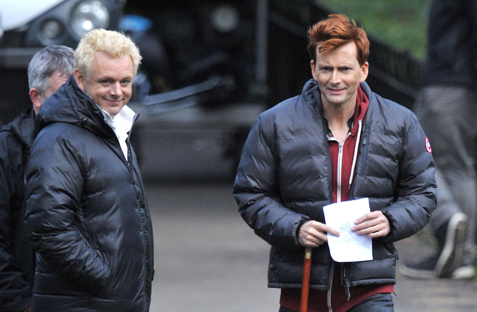 Michael Sheen (left) with co-star David Tennant (right) during rehearsals for Good Omens, based on the book by Terry Pratchett, in St James's Park, central London.