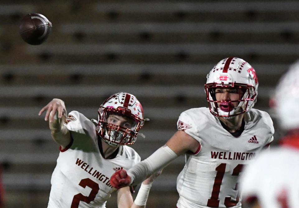 Wellington's Carson Tarver throws the ball against New Home in the Region I-2A Division I championship football game, Friday, Dec. 2, 2022, at Happy State Bank Stadium in Canyon. 