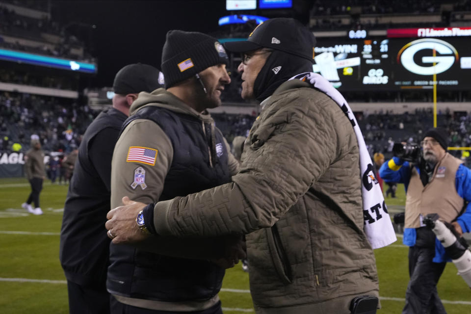 Philadelphia Eagles head coach Nick Sirianni and Washington Commanders head coach Ron Rivera greet each other after an NFL football game, Monday, Nov. 14, 2022, in Philadelphia. The commanders won 32-21. (AP Photo/Matt Rourke)